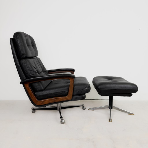 Lübke Lounge Chair avec ottomane en cuir noir, années 1960