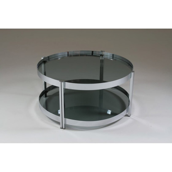 Image 1 of Table basse ronde vintage en métal chromé et plateaux en verre fumé, France 1970