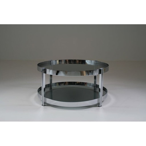 Table basse ronde vintage en métal chromé et plateaux en verre fumé, France 1970