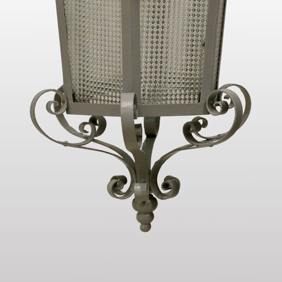 Image 1 of Lanterne vintage en fer forgé et verre granité, France 1940