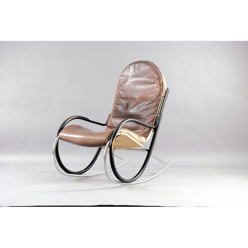 Fauteuil à bascule vintage Nonna en cuir et métal par Paul Tuttle pour Strässle, Suisse 1970