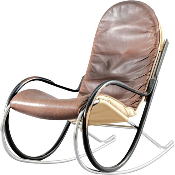 Image 1 of Fauteuil à bascule vintage Nonna en cuir et métal par Paul Tuttle pour Strässle, Suisse 1970