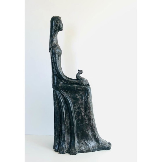 Image 1 of Sculpture vintage "Femme à l'oiseau" en céramique émaillée noire par Paulette Toma, France 1960