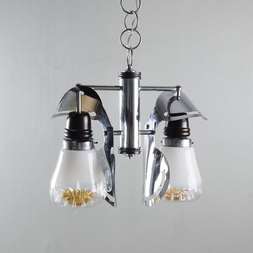 Lustre italien vintage en bois chromé et verre Italie 1970