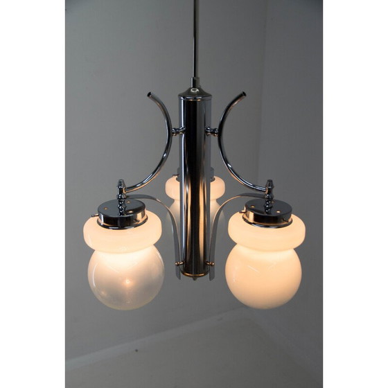 Image 1 of Lustre vintage à trois flammes en acier et verre soufflé, Italie 1970