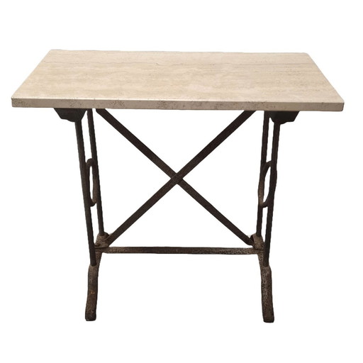 Ancienne table d'appoint en métal avec plateau en travertin, 20e siècle