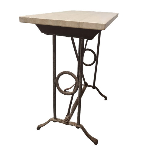 Ancienne table d'appoint en métal avec plateau en travertin, 20e siècle