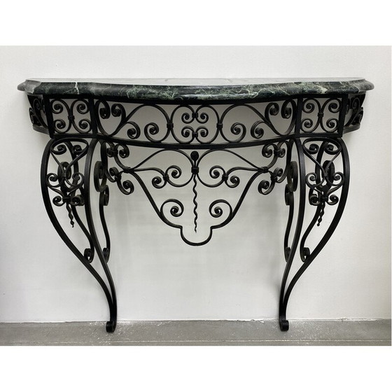 Image 1 of Console Vintage Art Déco en fer forgé et marbre vert des Alpes