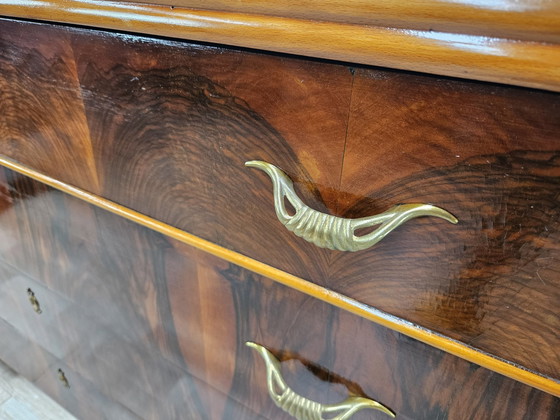 Image 1 of Commode Art Déco à quatre tiroirs en noyer et érable avec miroir