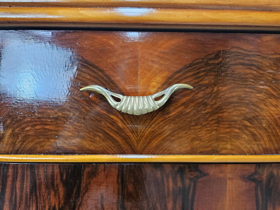 Image 1 of Commode Art Déco à quatre tiroirs en noyer et érable avec miroir