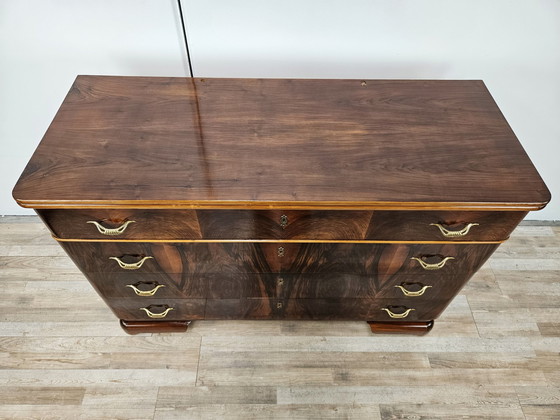 Image 1 of Commode Art Déco à quatre tiroirs en noyer et érable avec miroir