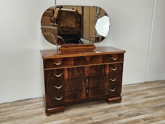 Image 1 of Commode Art Déco à quatre tiroirs en noyer et érable avec miroir