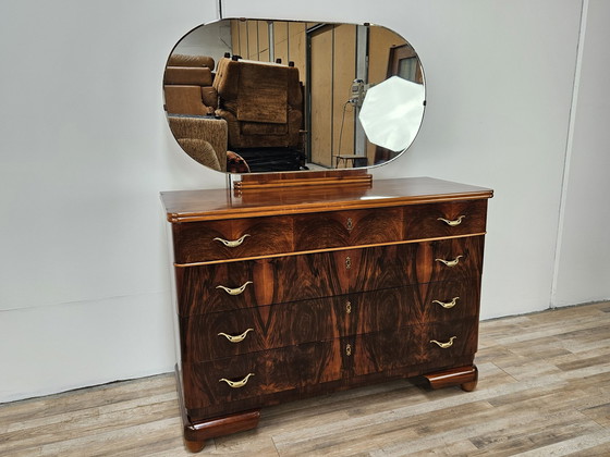 Image 1 of Commode Art Déco à quatre tiroirs en noyer et érable avec miroir