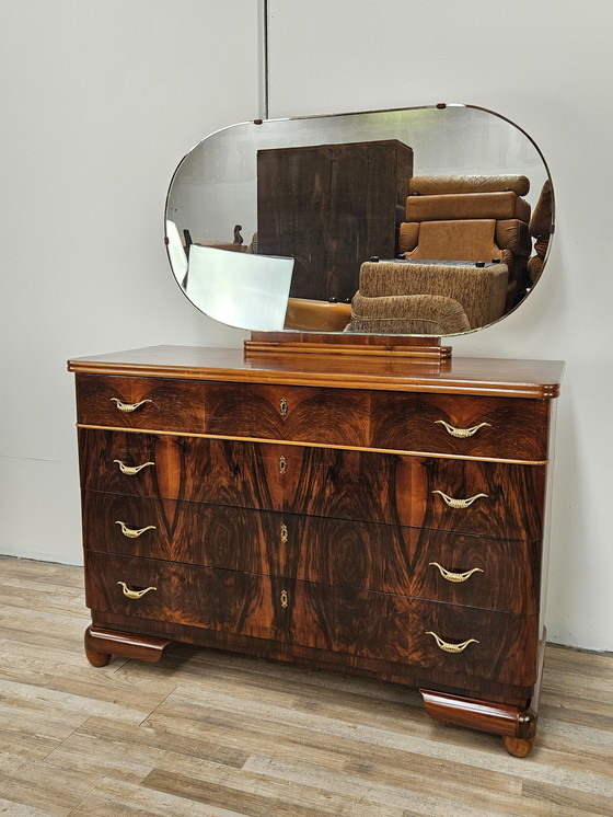 Image 1 of Commode Art Déco à quatre tiroirs en noyer et érable avec miroir