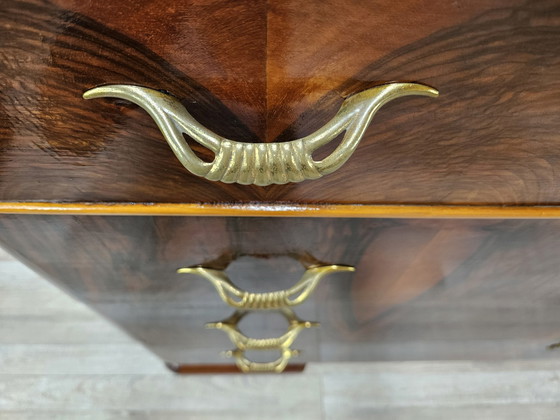 Image 1 of Commode Art Déco à quatre tiroirs en noyer et érable avec miroir