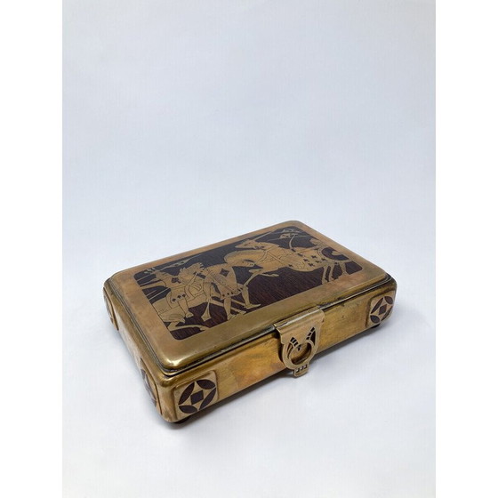Image 1 of Boîte à cartes vintage en laiton et bois exotique