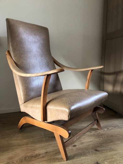 Magnifique fauteuil à bascule de style Pastoe des années 60 avec tapisserie d'origine