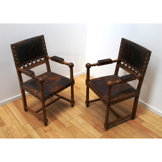 Image 1 of Paire de fauteuils vintage en noyer et cuir