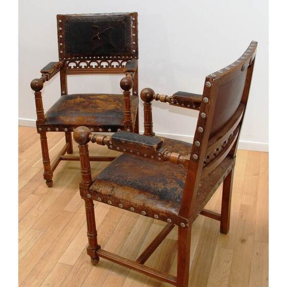 Image 1 of Paire de fauteuils vintage en noyer et cuir