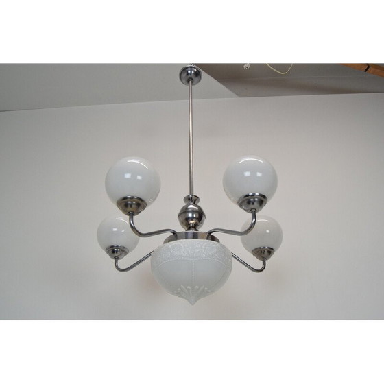 Image 1 of Lustre vintage Art Déco en verre, métal et chrome, Tchécoslovaquie, années 1930