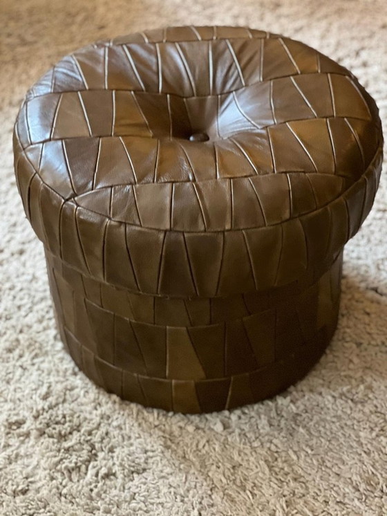 Image 1 of Pouf / Coffre En Patchwork De Cuir Kaki De Sede Modèle "Champignon" 1970