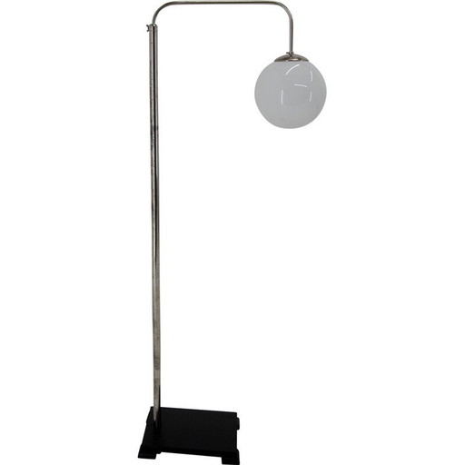 Lampadaire réglable fonctionnaliste vintage en bois, nickel et verre opalin, années 1930