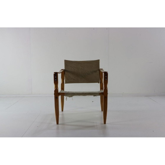 Image 1 of Chaise safari vintage avec accoudoirs en bois Danoise