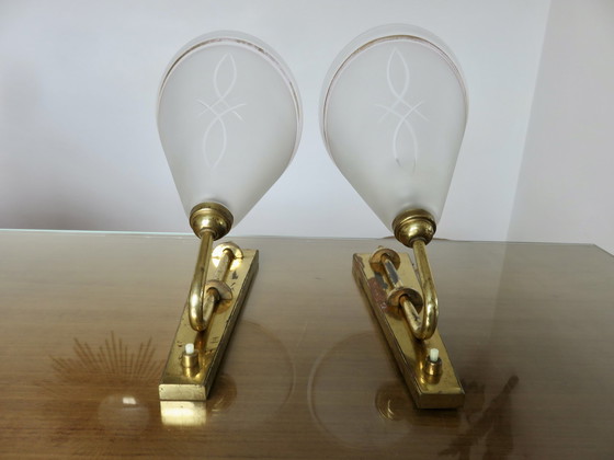 Image 1 of 2 Lampes Appliques, Art Nouveau, Bronze Doré, France, Années 30