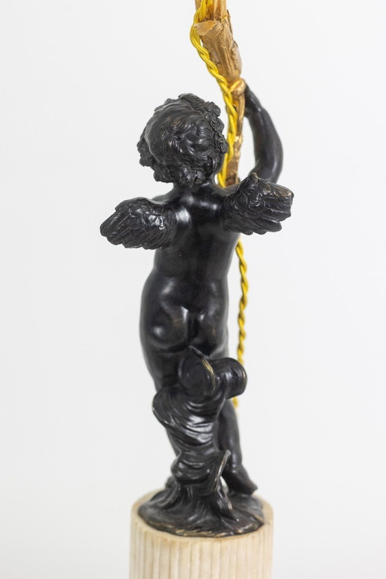 Image 1 of Lampe En Bronze Représentant Un Putti, Socle En Marbre. Circa 1880.