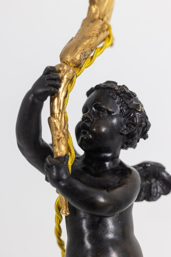 Image 1 of Lampe En Bronze Représentant Un Putti, Socle En Marbre. Circa 1880.