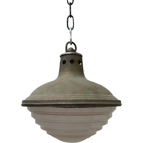 Image 1 of Lampe suspendue vintage en métal patiné et verre holophane, France 1950