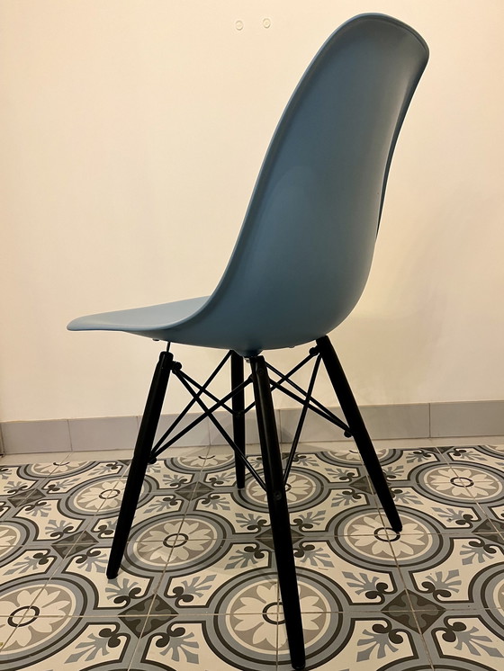 Image 1 of 4X Vitra Eames Plastic Side Chair Re Dsw Ice Grey, Black Maple Wood Base