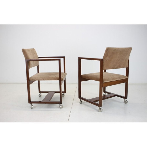 Image 1 of Paire de fauteuils vintage en bois de hêtre et tissu sur roulettes, Tchécoslovaquie 1980
