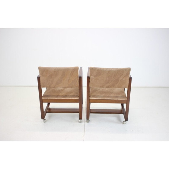 Image 1 of Paire de fauteuils vintage en bois de hêtre et tissu sur roulettes, Tchécoslovaquie 1980