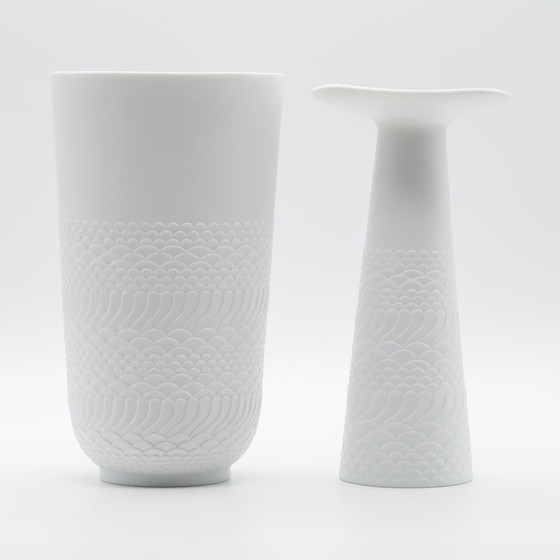 Image 1 of Rare Manfred Frey Ak Kaiser Bisque Porcelaine Nature Relief Op Art Vase Duo Mcm