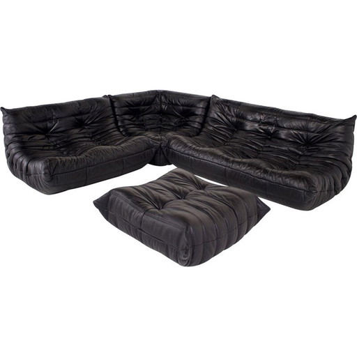 Ensemble de salon Togo en cuir noir pour Ligne Roset, 1970