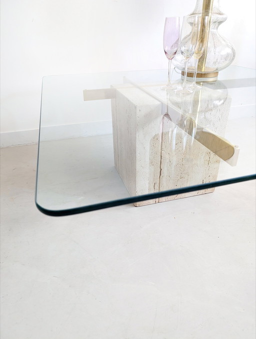 Table basse Artedi en laiton et travertin