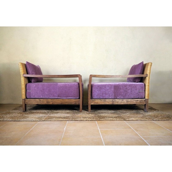 Image 1 of Paire de fauteuils en rotin vintage avec coussins en velours, 1950