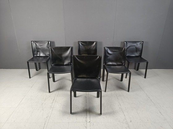 Image 1 of Chaises de salle à manger vintage en cuir Pasqualine par Enrico Pellizzoni, 1980S - Lot de 6