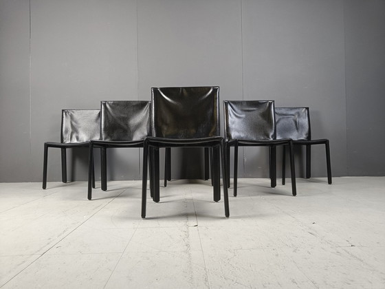 Image 1 of Chaises de salle à manger vintage en cuir Pasqualine par Enrico Pellizzoni, 1980S - Lot de 6