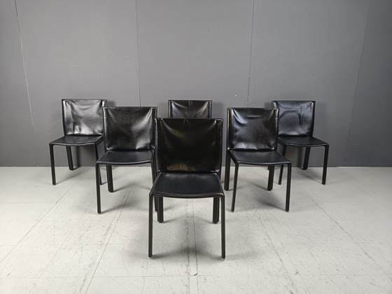 Image 1 of Chaises de salle à manger vintage en cuir Pasqualine par Enrico Pellizzoni, 1980S - Lot de 6