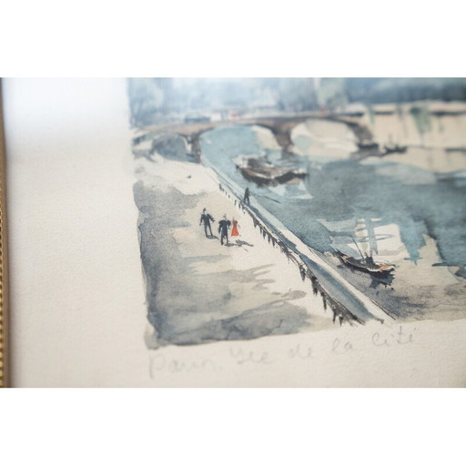 Lithographie vintage "Ile de la cite" en bois et verre, 1980