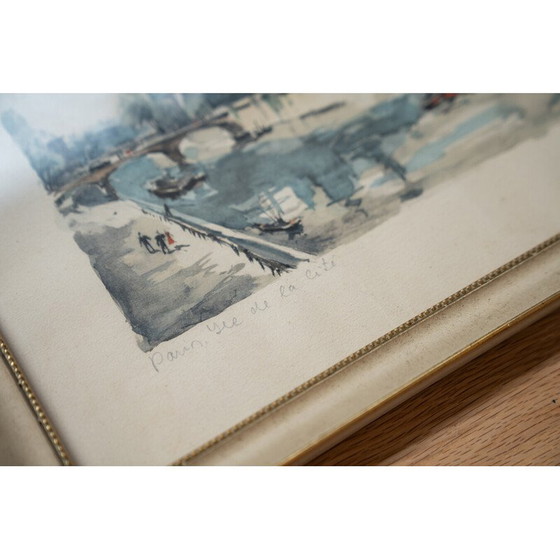 Image 1 of Lithographie vintage "Ile de la cite" en bois et verre, 1980