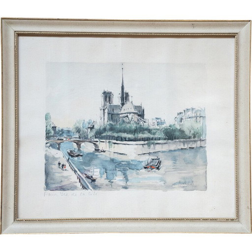 Lithographie vintage "Ile de la cite" en bois et verre, 1980