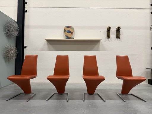 4 Chaises de salle à manger Rolf Benz 7800 en cuir orange