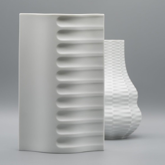 Image 1 of Archais Heinrich Fuchs Op Art Retro Hutschenreuther Bisque Porcelaine Vase Duo