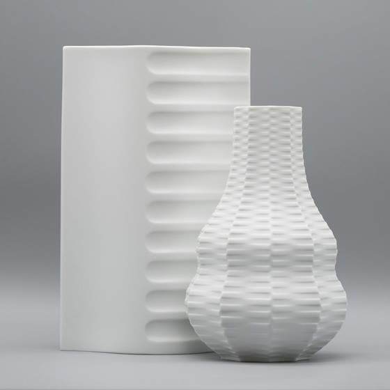 Image 1 of Archais Heinrich Fuchs Op Art Retro Hutschenreuther Bisque Porcelaine Vase Duo