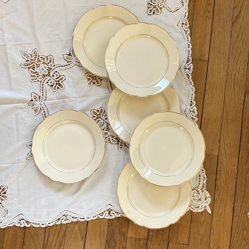 Lot De 6 Assiettes Plates Faïence Ancienne Couleur Beige Et Dorure Digoin Sarreguemines