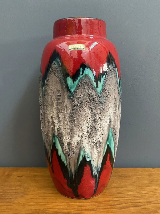 Vase en céramique rouge, gris et vert de Scheurich Allemagne Modèle 553-38