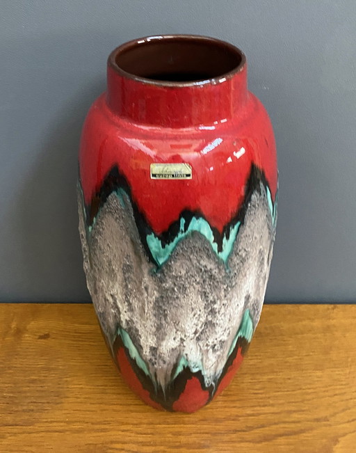 Vase en céramique rouge, gris et vert de Scheurich Allemagne Modèle 553-38